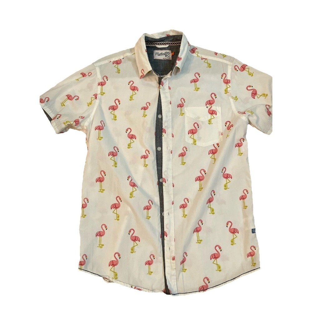Huntington BC Shirt Men's Size M  Pink Flamingos Button Down Surf Shirt‎